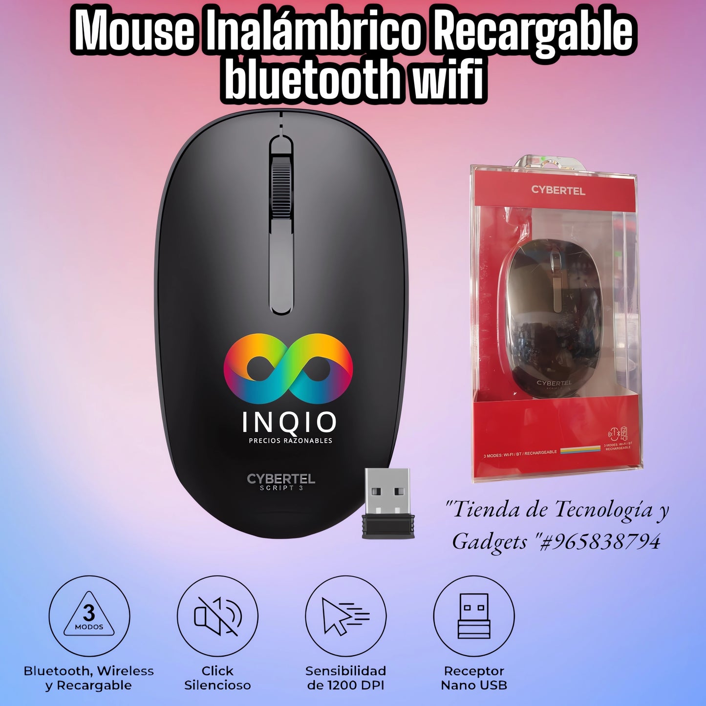 🖱️ MOUSE INALÁMBRICO CYBERTEL RECARGABLE – CONECTIVIDAD BLUETOOTH & WIFI 🔥