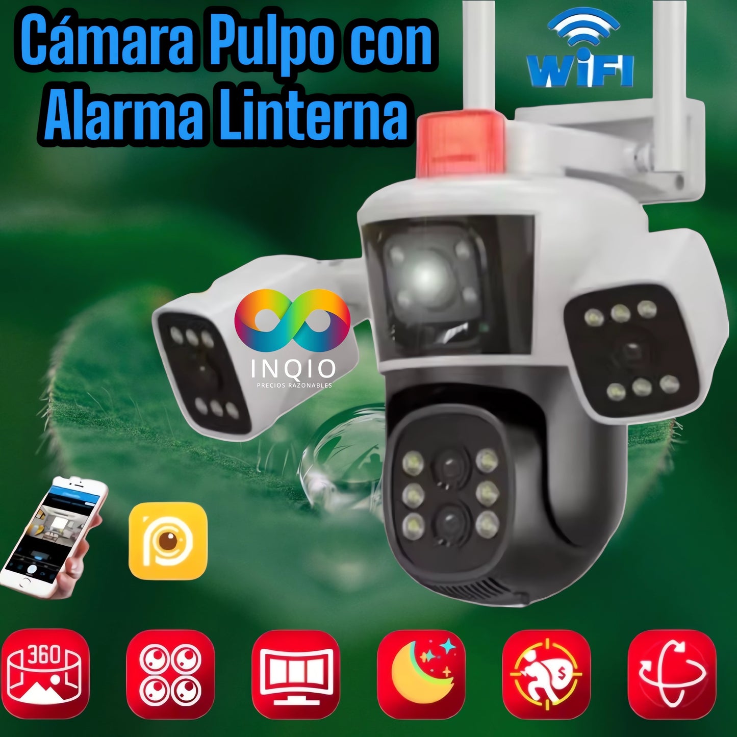 📷 CÁMARA DE SEGURIDAD "PULPO" CON ALARMA Y LINTERNA – PROTECCIÓN TOTAL 360° 🔥🏡