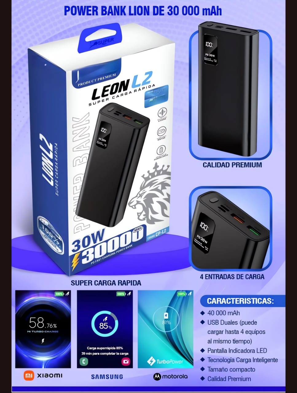 🔋 Power Bank 30,000mAh – Máxima Potencia y Carga Rápida 🚀⚡