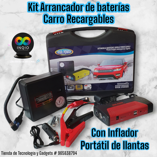 Kit Arrancador Portátil de Batería Recargable para auto / Función de Cargador Portátil para celular, con Inflador Portátil llantas