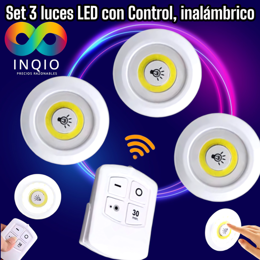 Set 3 focos led con control, inalámbrico