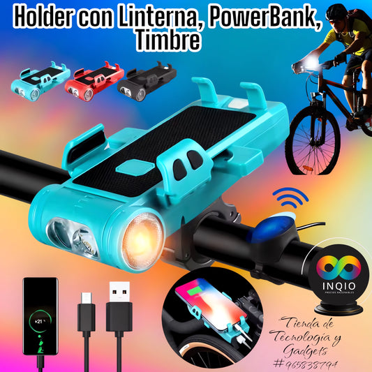 Holder con linterna, PowerBank, Timbre moto o vicicleta