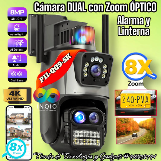 Cámara con doble lente con Zoom óptico alarma y Linterna