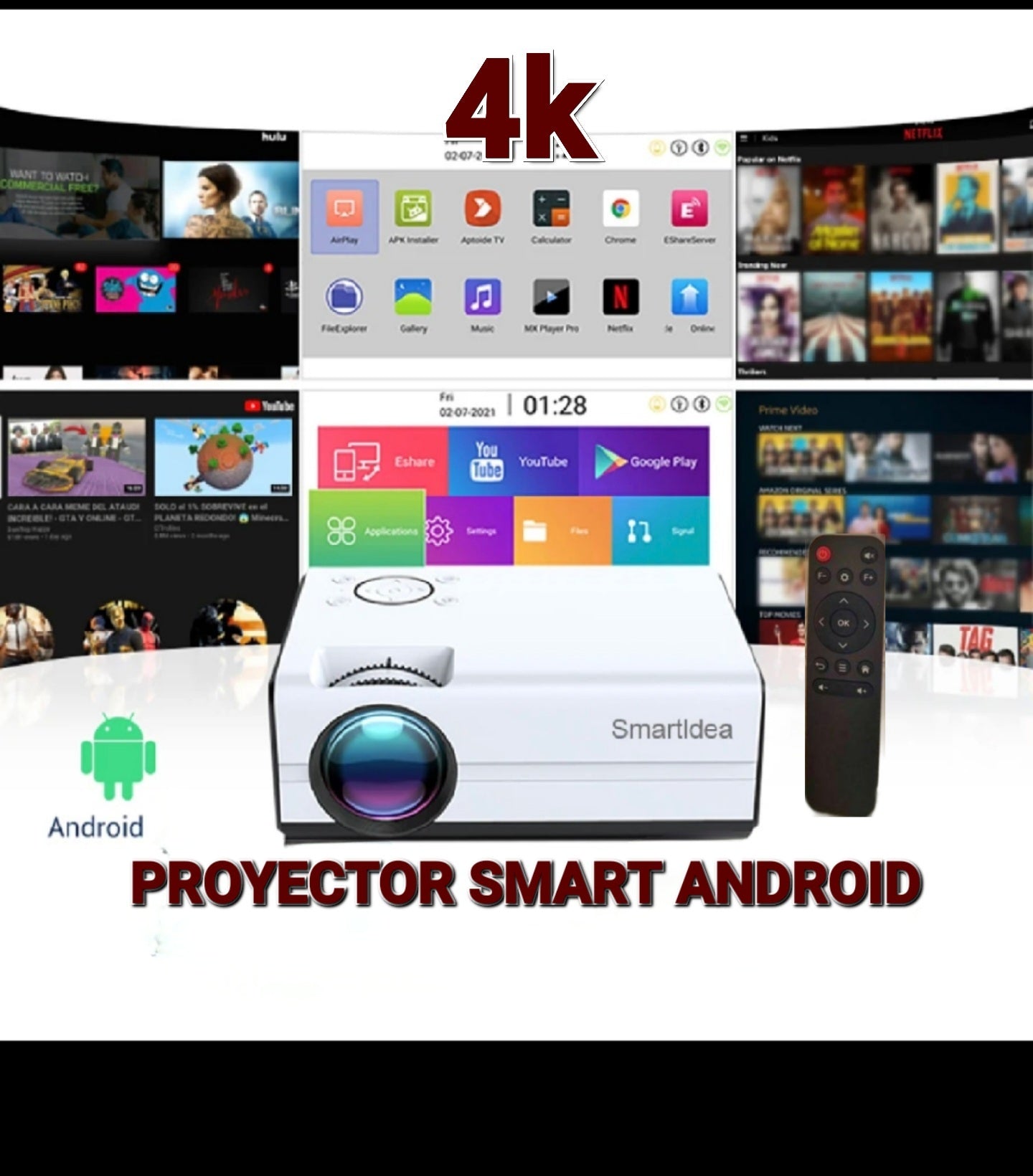 Proyector Multimedia Ultra HD 1080P + Smart Android de 40 a 130Pulg