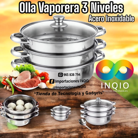 Olla Vaporera 3 Niveles, Acero Inoxidable