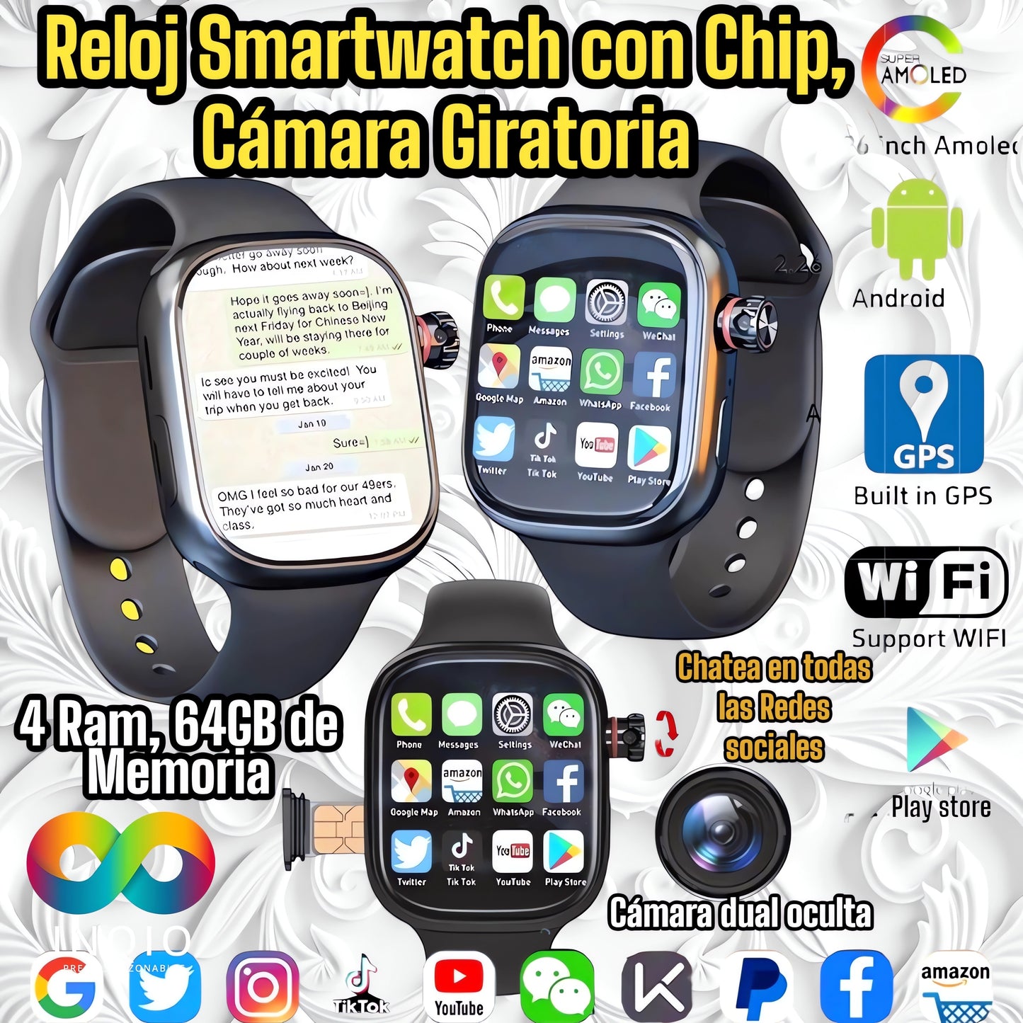 Reloj Smartwatch Con Chip versión celular con 64gb Memoria, 4 de Ram, Cámara Giratoria