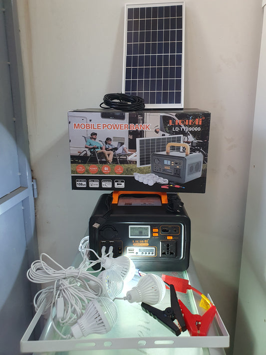 Kit solar portátil, 4 focos, Inversor, radio FM, bluetooth