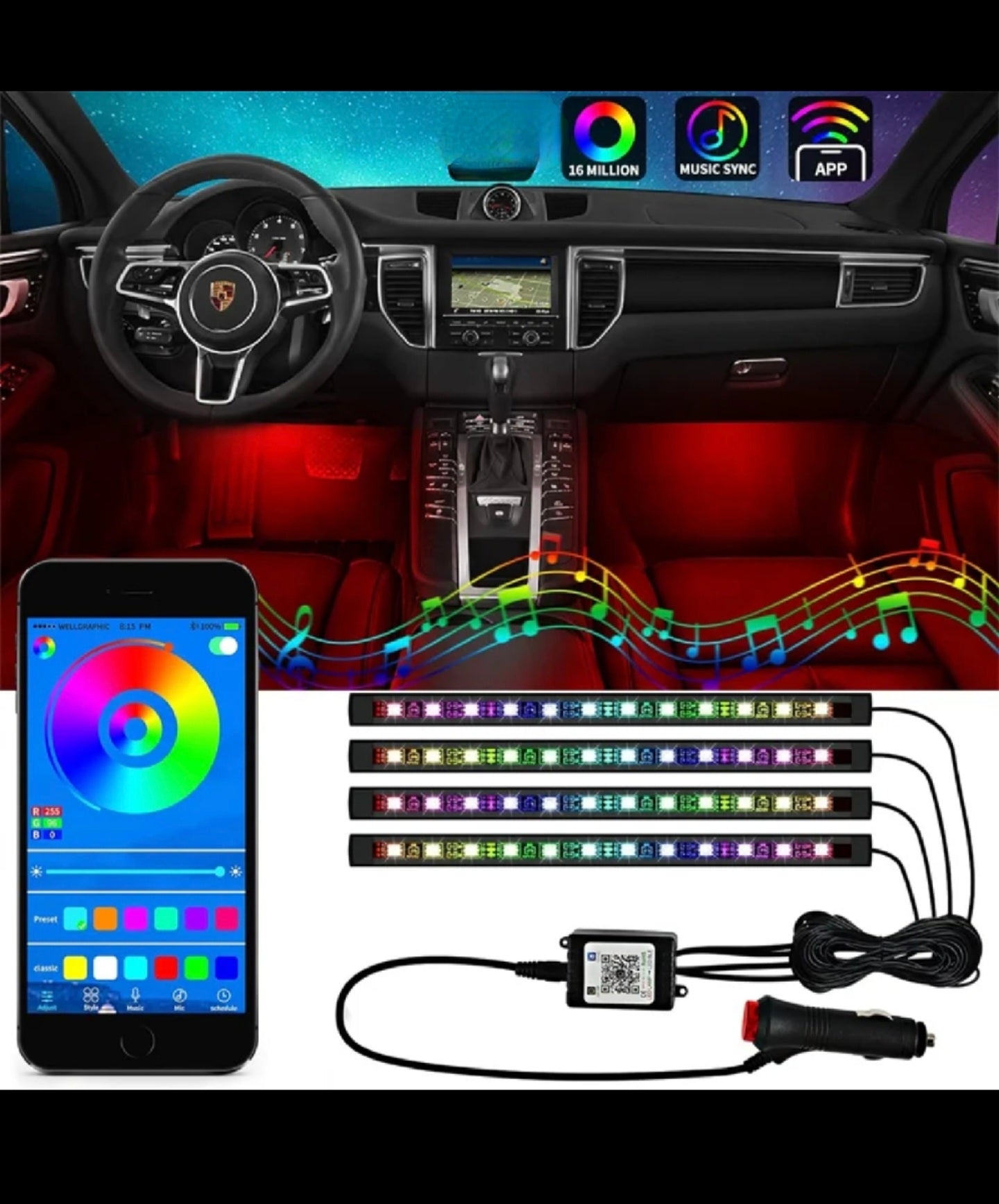 Luces led para interior de auto luz carro con Bluetooth